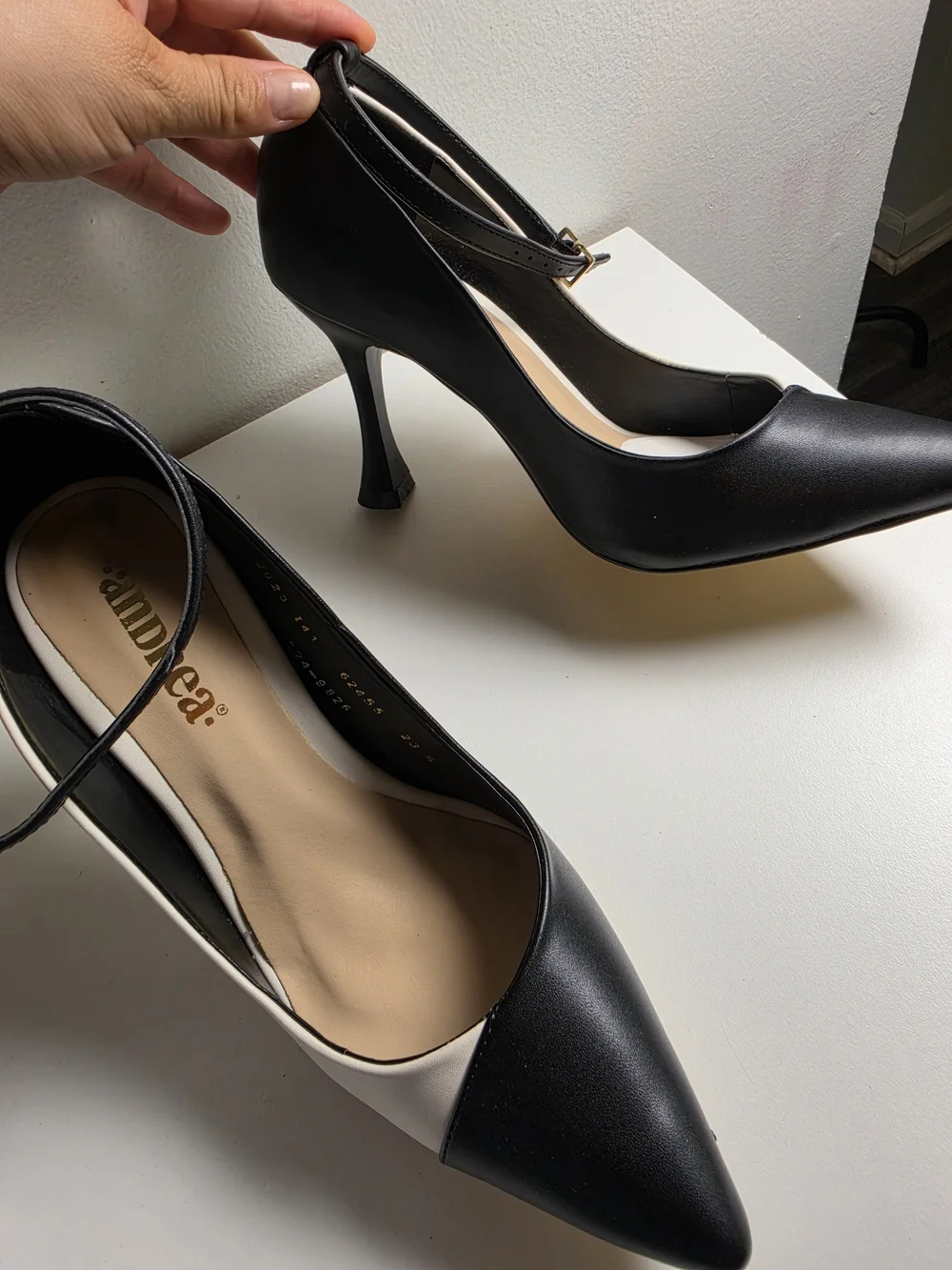 ANDREA FENZI Black and White Pointed Ankle-Strap Wedges